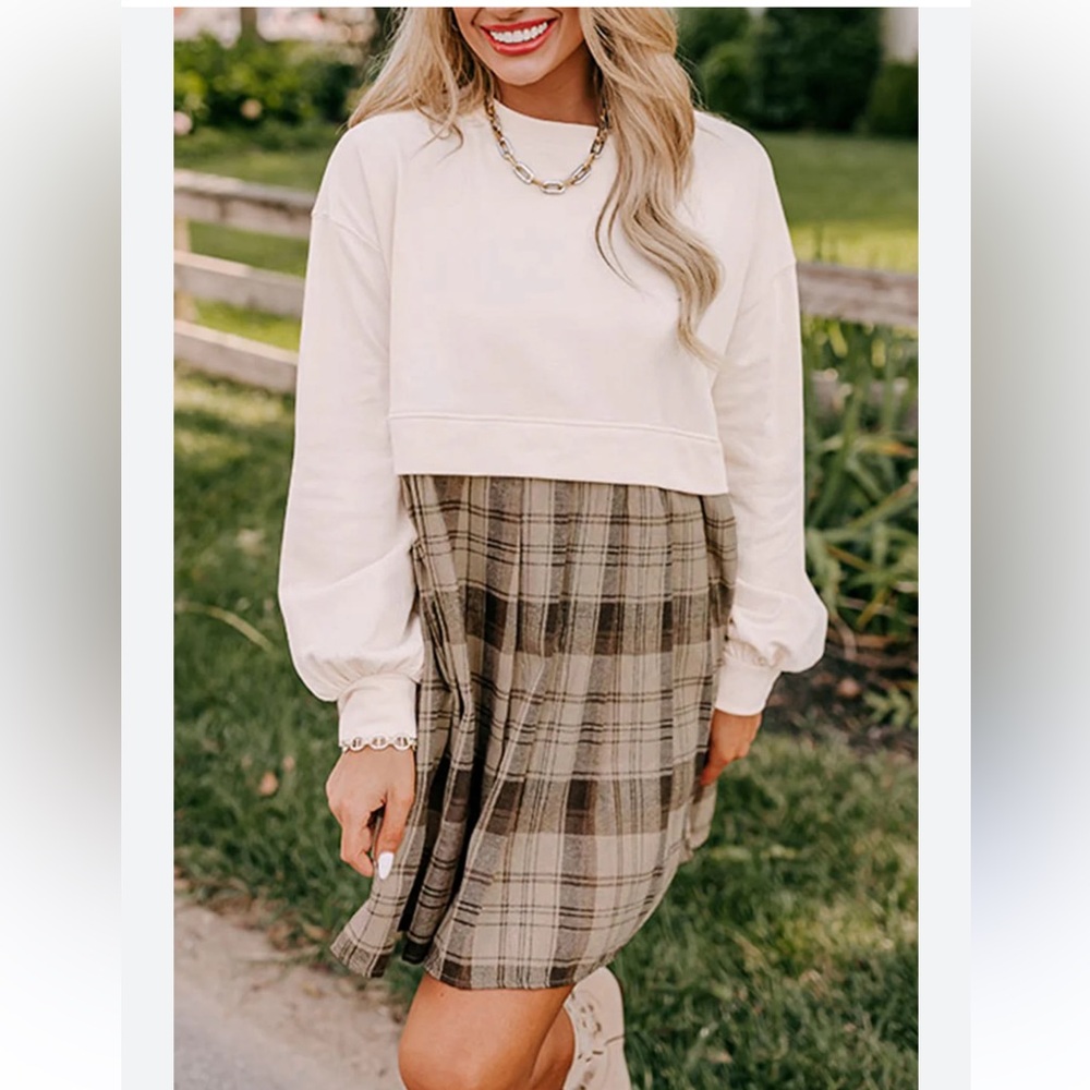 Chic Plaid A-Line Dress in Cream and Brown